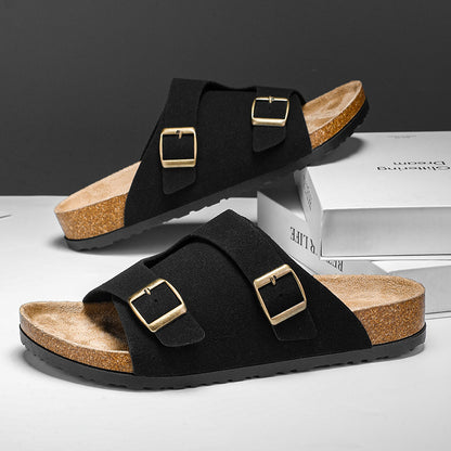 Double-breasted Cork Suede Sandals