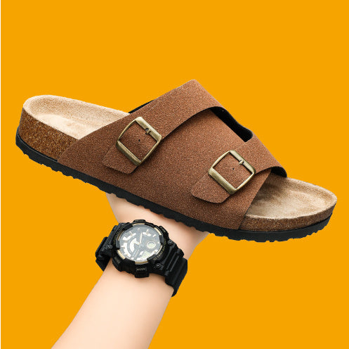 Double-breasted Cork Suede Sandals